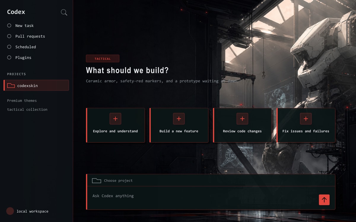 Mecha Tactical Hangar running in Codex Desktop