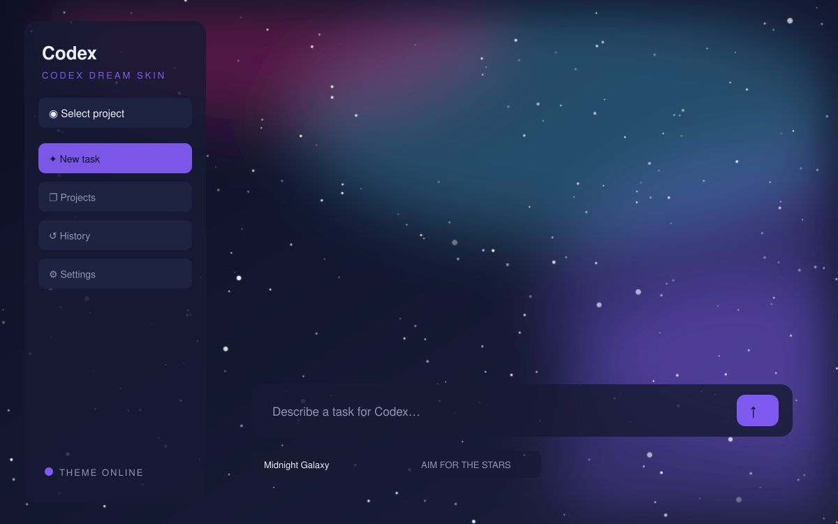Midnight Galaxy — Codex Dream Skin theme preview