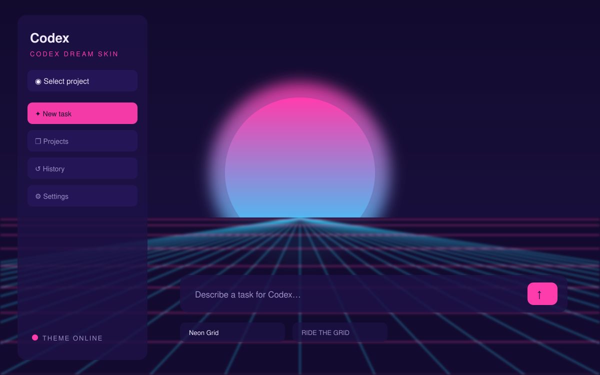 Neon Grid — Codex Dream Skin theme preview